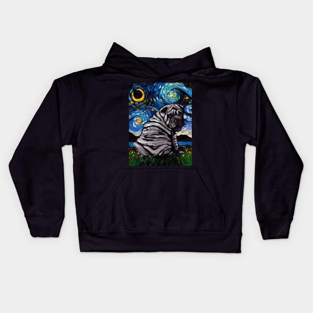 Shar Pei Night (Blue) Kids Hoodie by sagittariusgallery